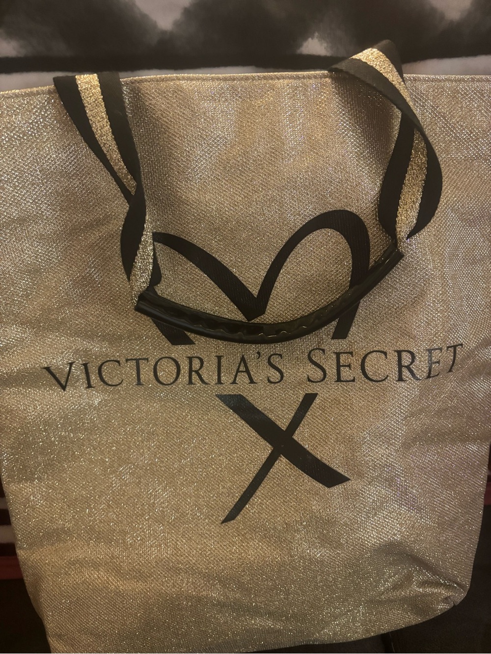 Victoria's Secret Gold Tote with Black Logo and Straps